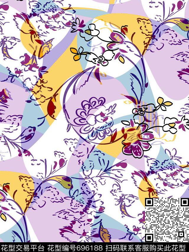 手绘矢量色块花纹抽象几何抽象彩色花纹传统印花华亿平台下载（图片编号: 696188） - 瓦栏（Walan）