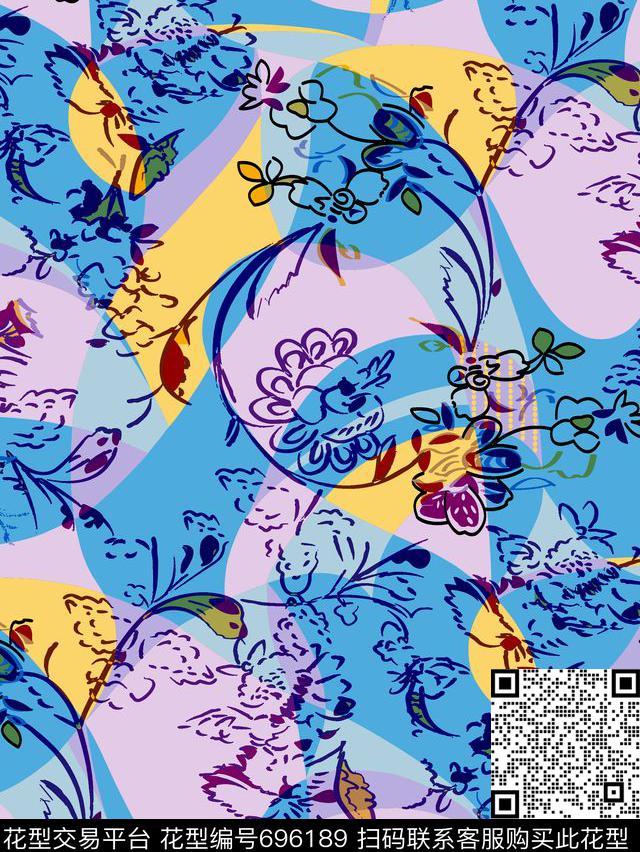 手绘矢量色块花纹抽象几何抽象彩色花纹传统印花华亿平台下载（图片编号: 696189） - 瓦栏（Walan）