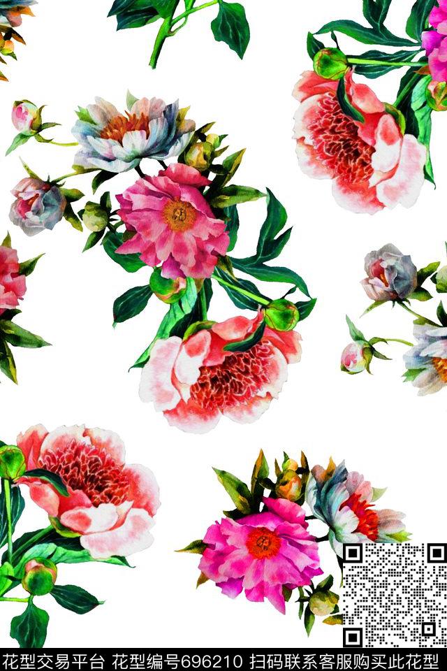 水彩花卉大花朵数码印花华亿平台下载（图片编号: 696210） - 瓦栏（Walan）