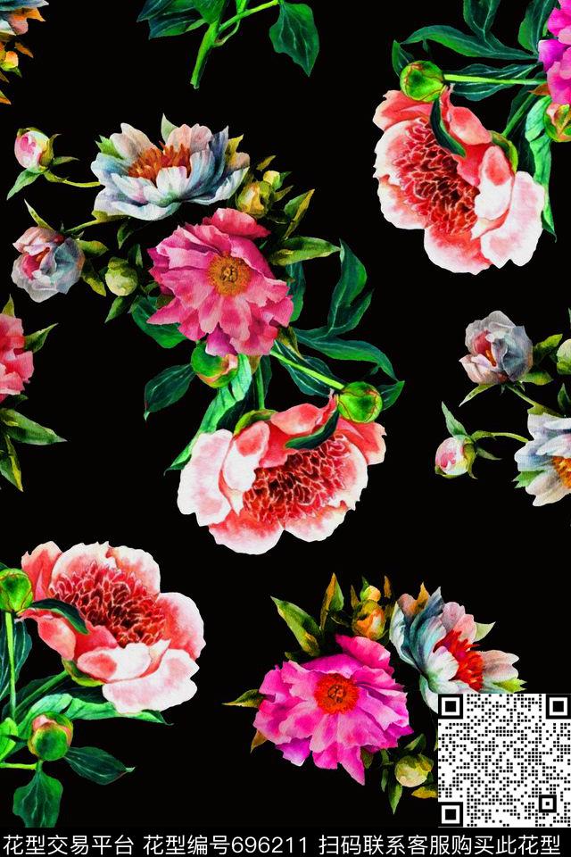 水彩花卉大花朵数码印花华亿平台下载（图片编号: 696211） - 瓦栏（Walan）