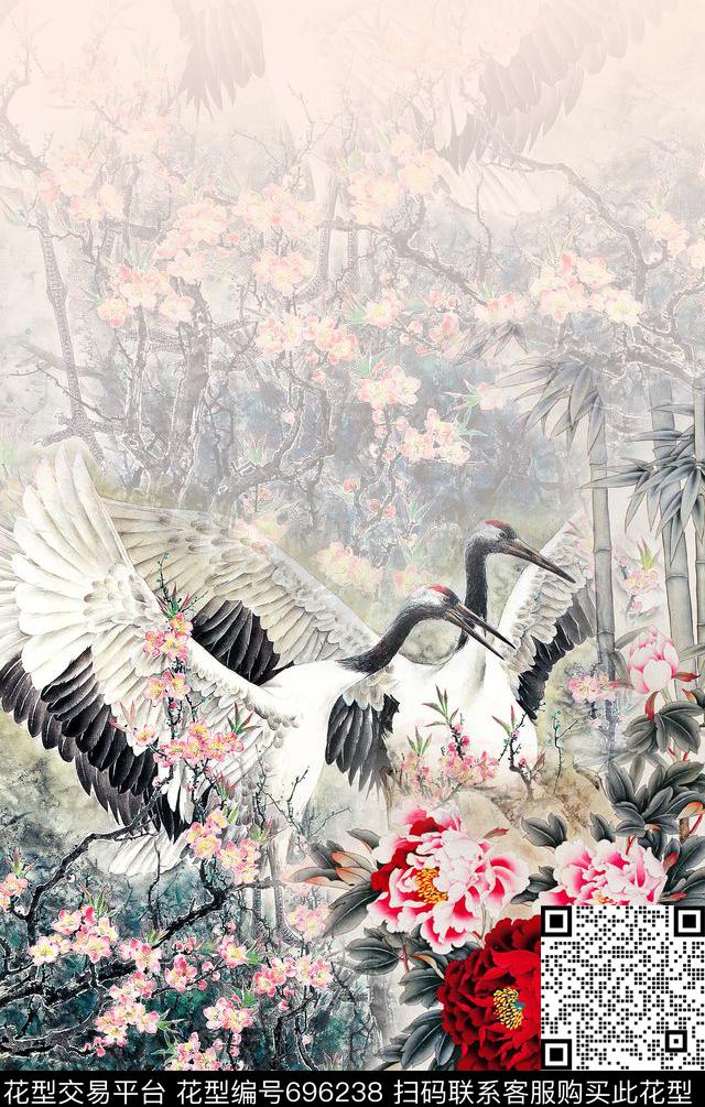 中国风定位花旗袍花国画牡丹仙鹤数码印花华亿平台下载（图片编号: 696238） - 瓦栏（Walan）
