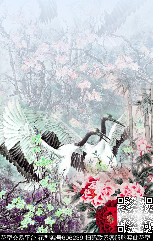 中国风定位花旗袍花国画牡丹仙鹤数码印花华亿平台下载（图片编号: 696239） - 瓦栏（Walan）