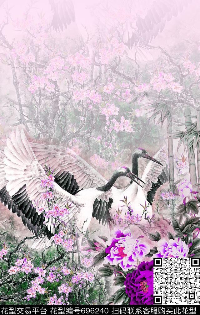 中国风定位花旗袍花国画牡丹仙鹤数码印花华亿平台下载（图片编号: 696240） - 瓦栏（Walan）