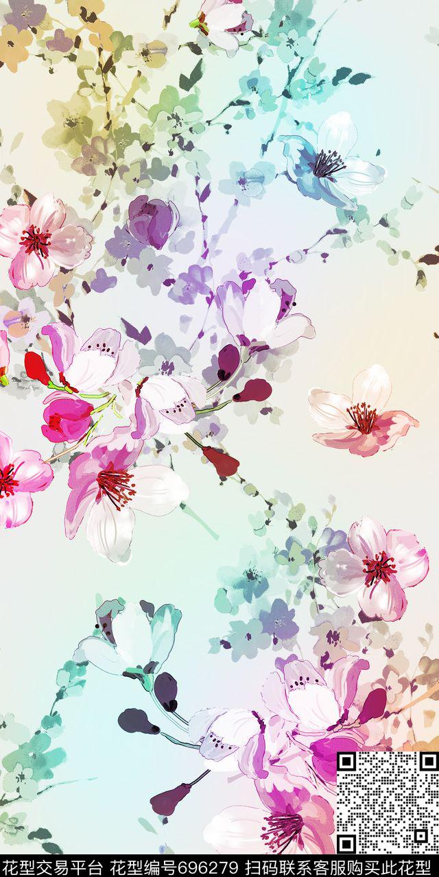 小碎花桃花花卉数码印花华亿平台下载（图片编号: 696279） - 瓦栏（Walan）