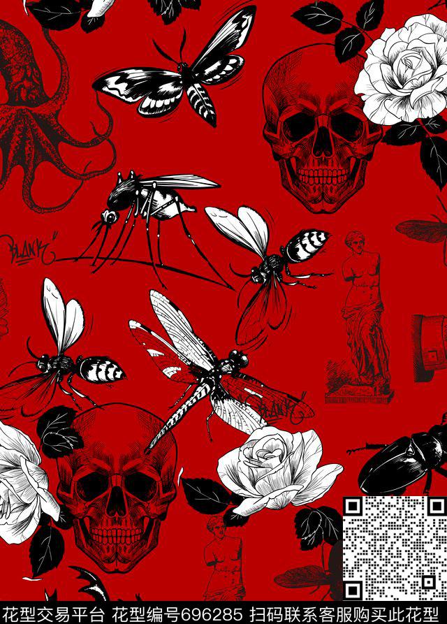 抽象动物骷髅头传统印花华亿平台下载（图片编号: 696285） - 瓦栏（Walan）