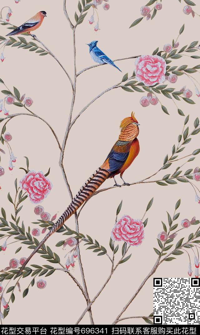 飞鸟花卉树枝鸟数码印花华亿平台下载（图片编号: 696341） - 瓦栏（Walan）