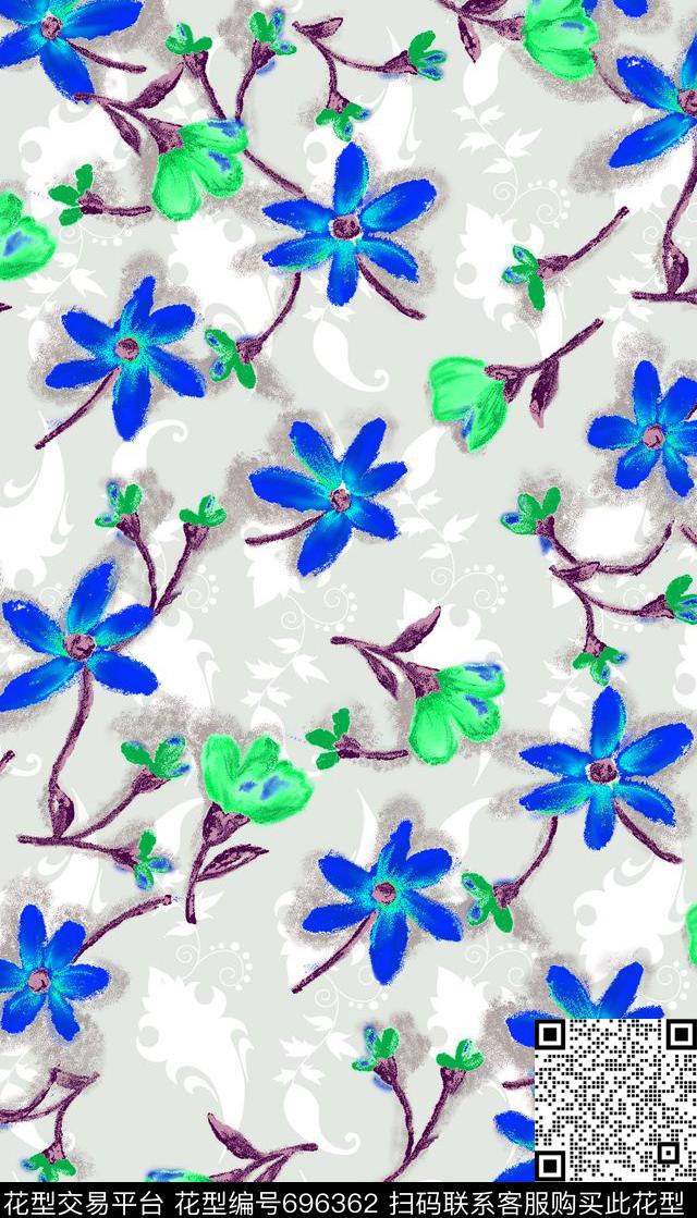 蓝色小碎花组合时尚清新民族数码印花华亿平台下载（图片编号: 696362） - 瓦栏（Walan）