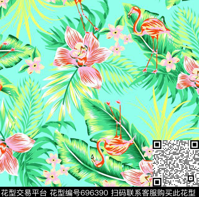 火烈鸟时尚泳装热带华亿平台传统印花华亿平台下载（图片编号: 696390） - 瓦栏（Walan）