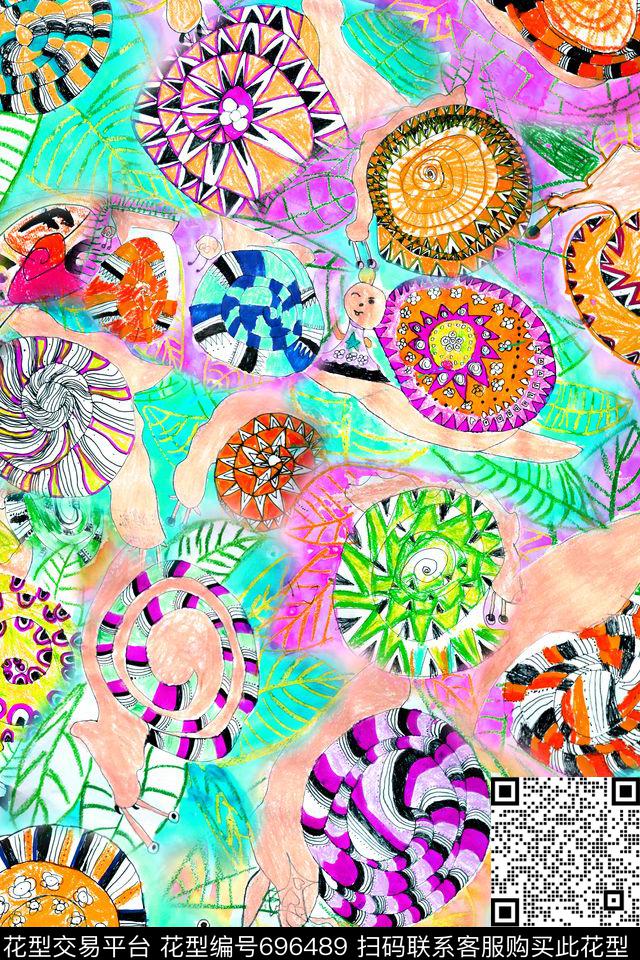 儿童画趣味蜗牛数码印花华亿平台下载（图片编号: 696489） - 瓦栏（Walan）