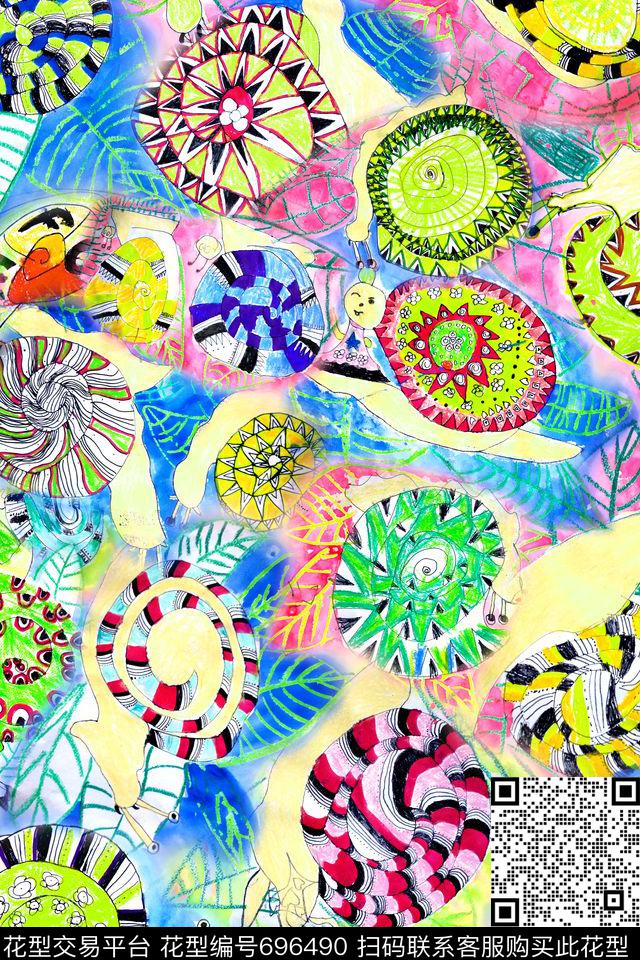 儿童画趣味蜗牛数码印花华亿平台下载（图片编号: 696490） - 瓦栏（Walan）