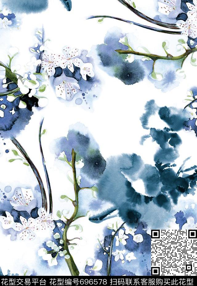 水墨花卉手绘数码印花华亿平台下载（图片编号: 696578） - 瓦栏（Walan）