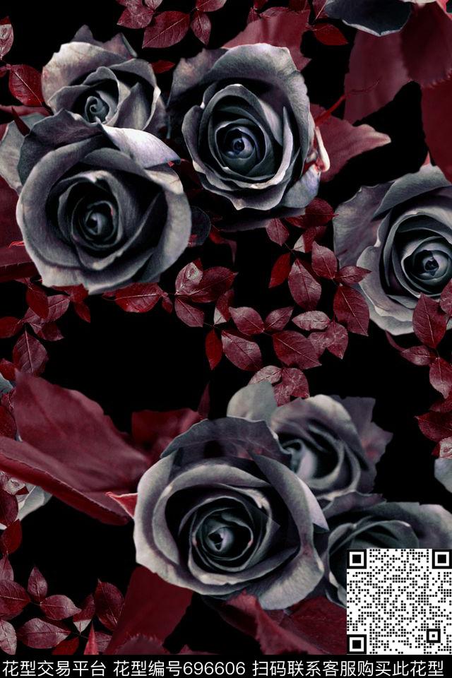 玫瑰花黑红连衣裙印花数码印花华亿平台下载（图片编号: 696606） - 瓦栏（Walan）