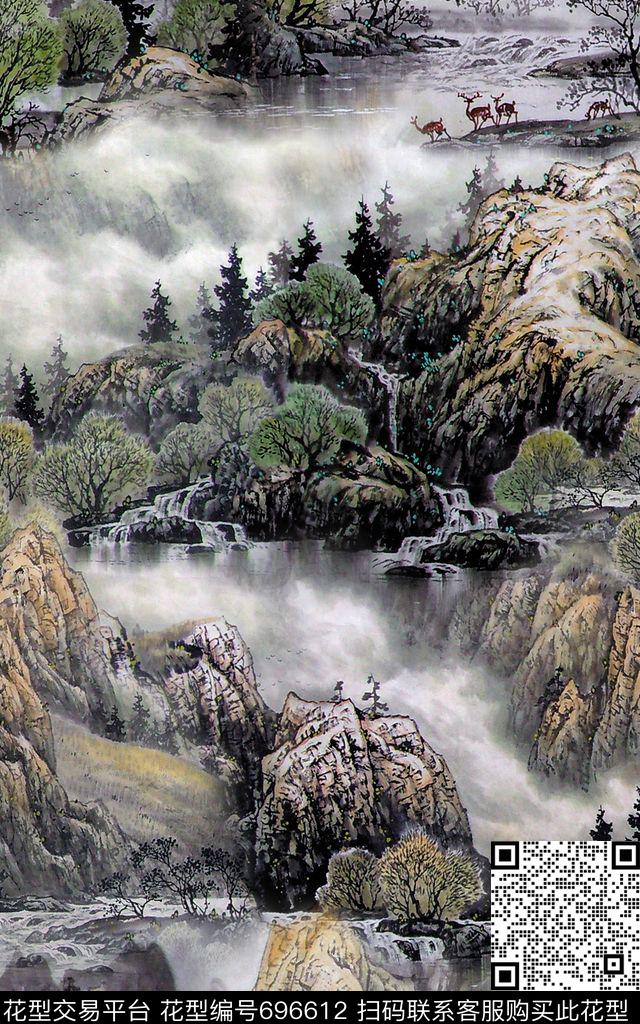 中国风国画山水数码印花华亿平台下载（图片编号: 696612） - 瓦栏（Walan）