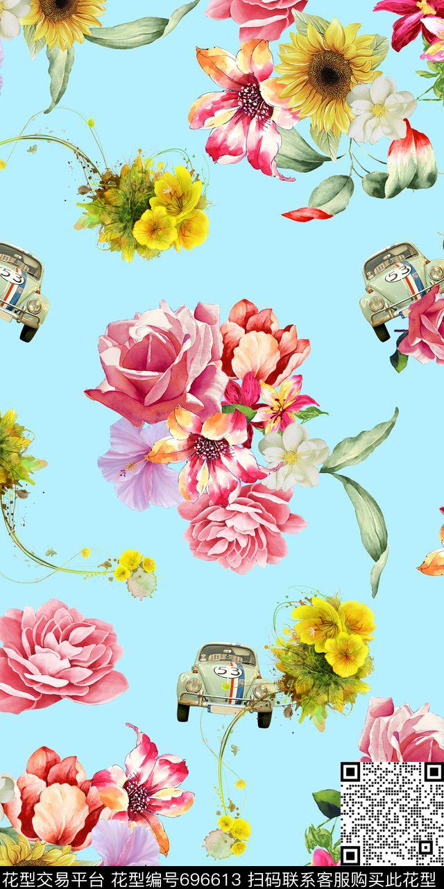 汽车水彩花向日葵数码印花华亿平台下载（图片编号: 696613） - 瓦栏（Walan）