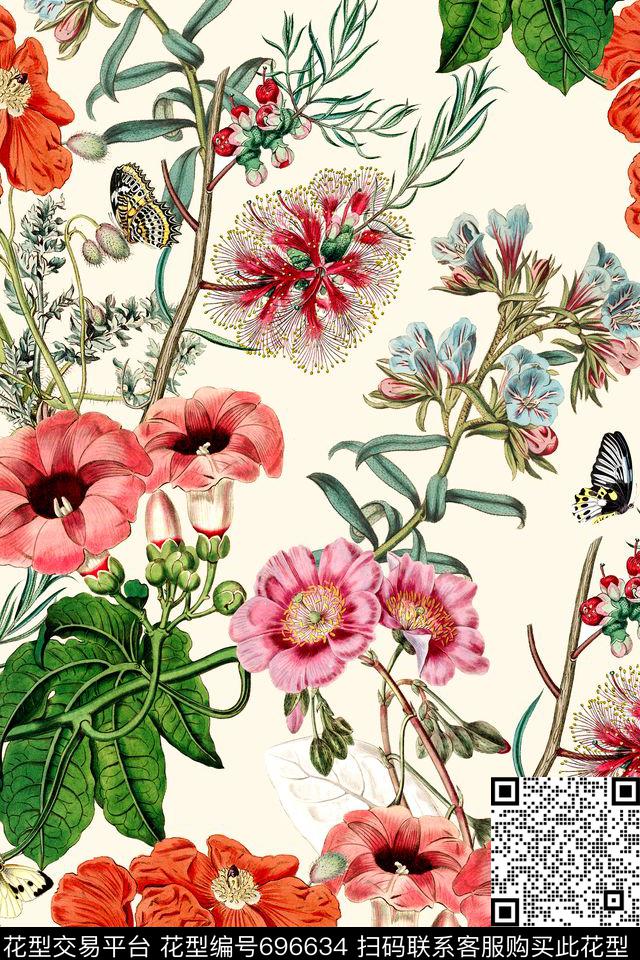 时尚手绘花卉数码印花华亿平台下载（图片编号: 696634） - 瓦栏（Walan）