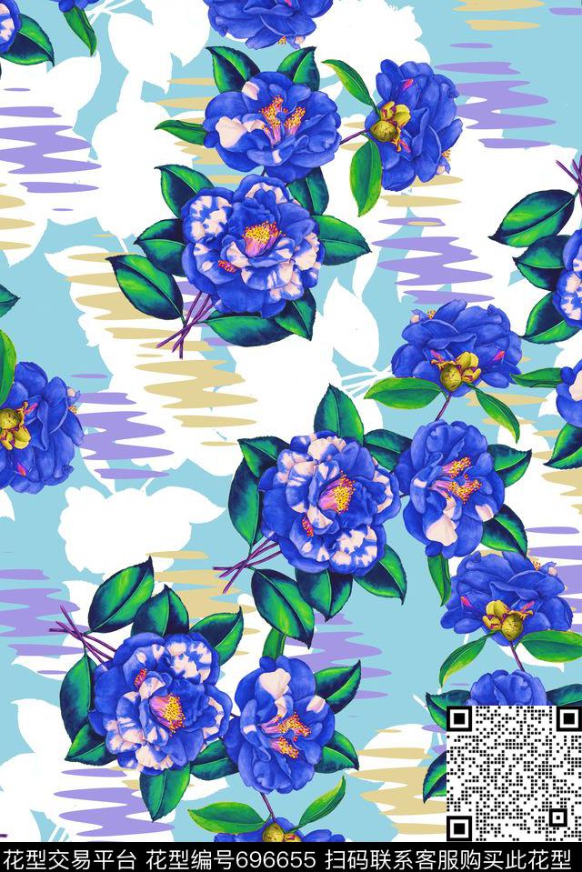 花朵手绘花卉山茶花数码印花华亿平台下载（图片编号: 696655） - 瓦栏（Walan）