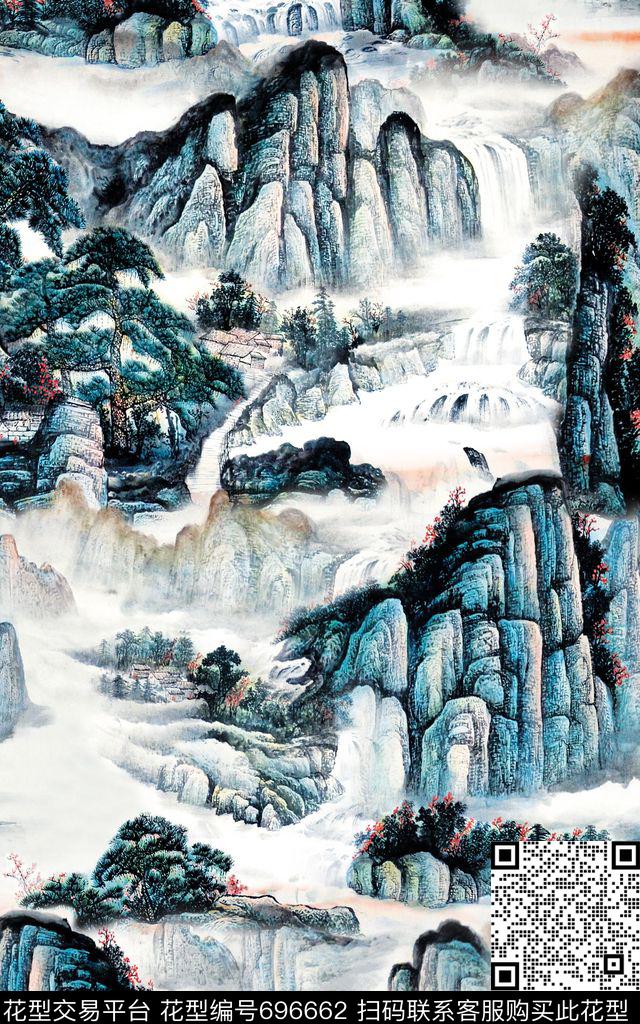 国画中国风山水数码印花华亿平台下载（图片编号: 696662） - 瓦栏（Walan）