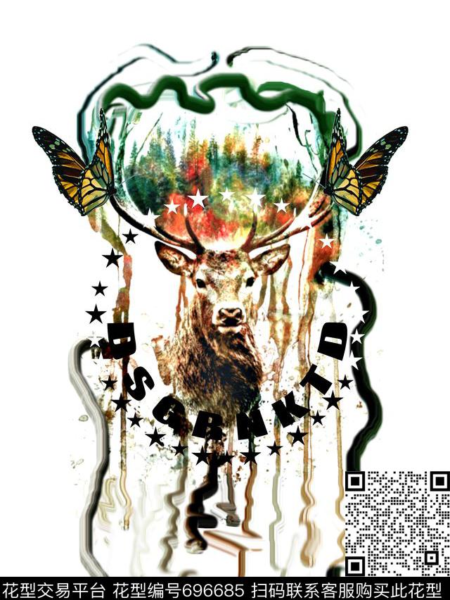 羊角蝴蝶男装T恤数码印花华亿平台下载（图片编号: 696685） - 瓦栏（Walan）