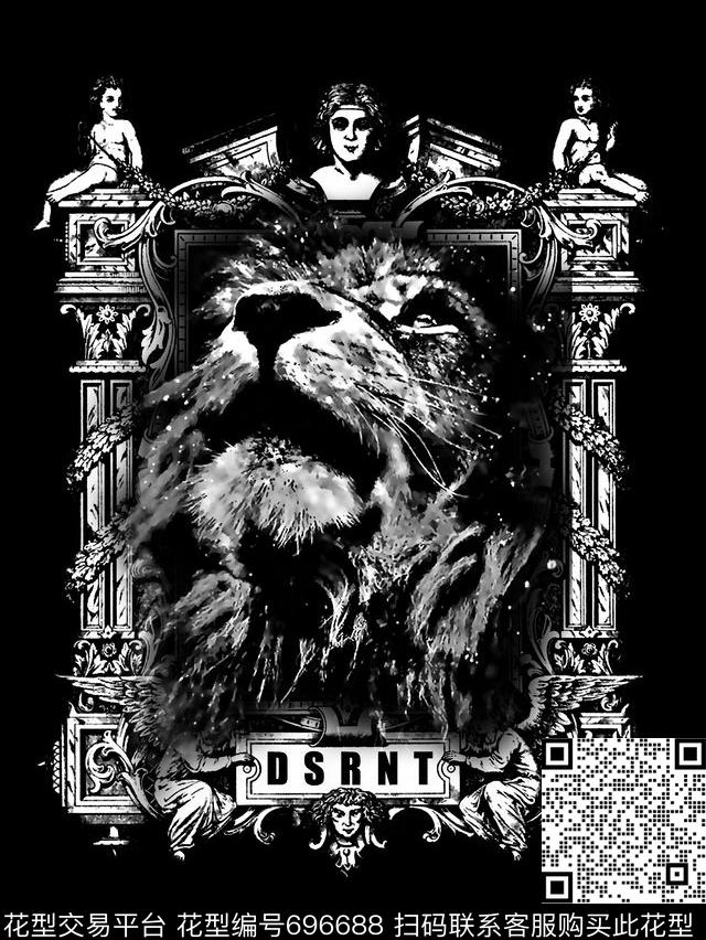 狮子复古边框男装T恤数码印花华亿平台下载（图片编号: 696688） - 瓦栏（Walan）