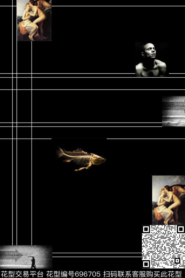 名画人物黑白照片几何线条数码印花华亿平台下载（图片编号: 696705） - 瓦栏（Walan）