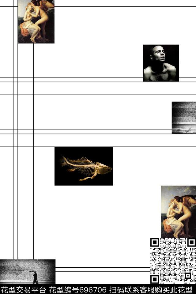 名画人物黑白照片几何线条数码印花华亿平台下载（图片编号: 696706） - 瓦栏（Walan）