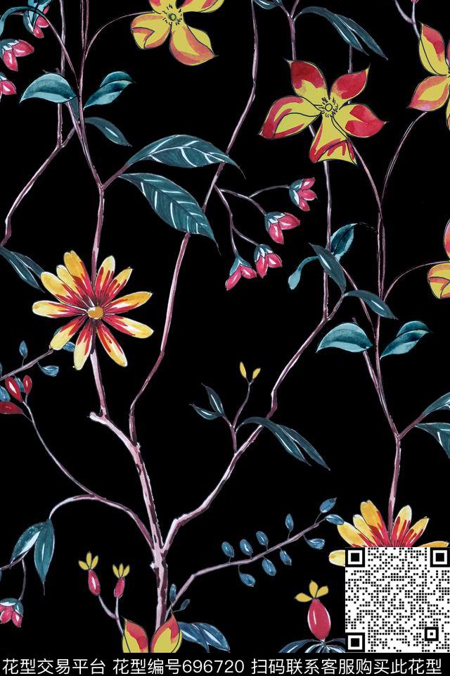 手绘清爽连枝花传统印花华亿平台下载（图片编号: 696720） - 瓦栏（Walan）