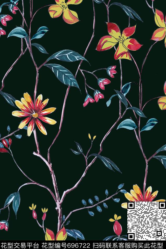 手绘清爽连枝花传统印花华亿平台下载（图片编号: 696722） - 瓦栏（Walan）