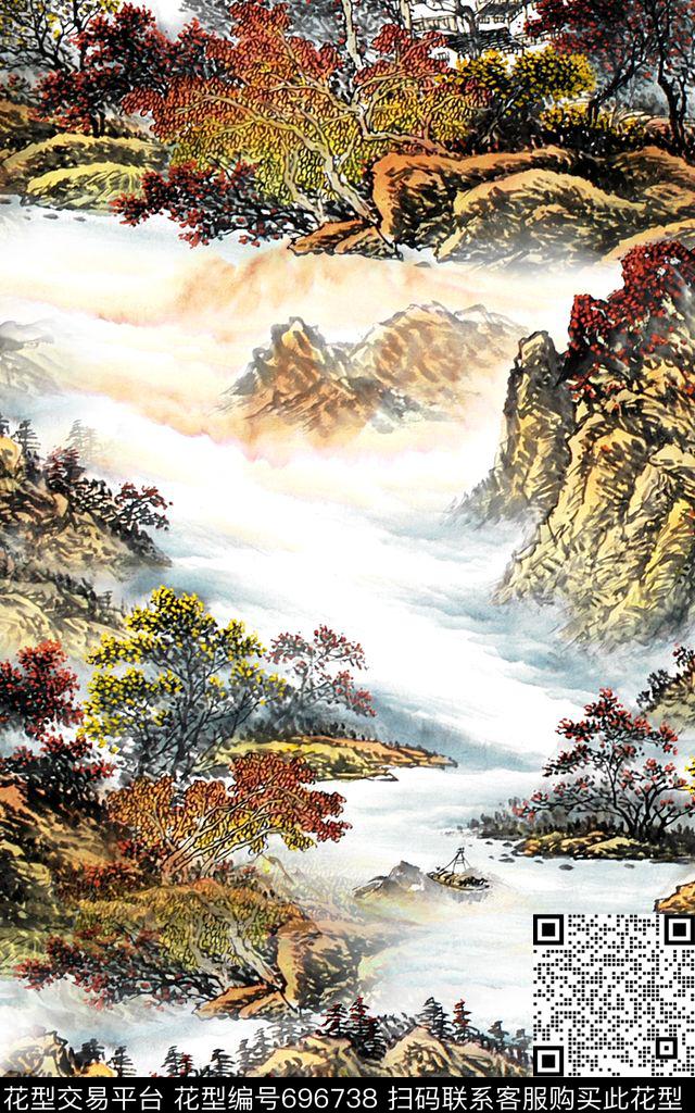 国画山水中国风数码印花华亿平台下载（图片编号: 696738） - 瓦栏（Walan）