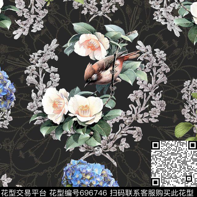 山茶花绣球花小鸟数码印花华亿平台下载（图片编号: 696746） - 瓦栏（Walan）
