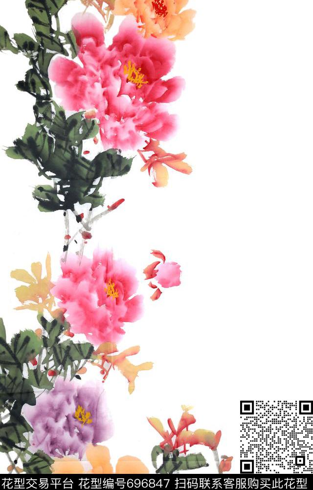 手绘水墨牡丹花服装图案数码印花华亿平台下载（图片编号: 696847） - 瓦栏（Walan）