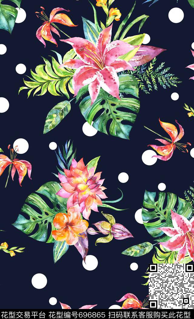 雨林密踪水彩手绘花卉黑白波点花卉数码印花华亿平台下载（图片编号: 696865） - 瓦栏（Walan）
