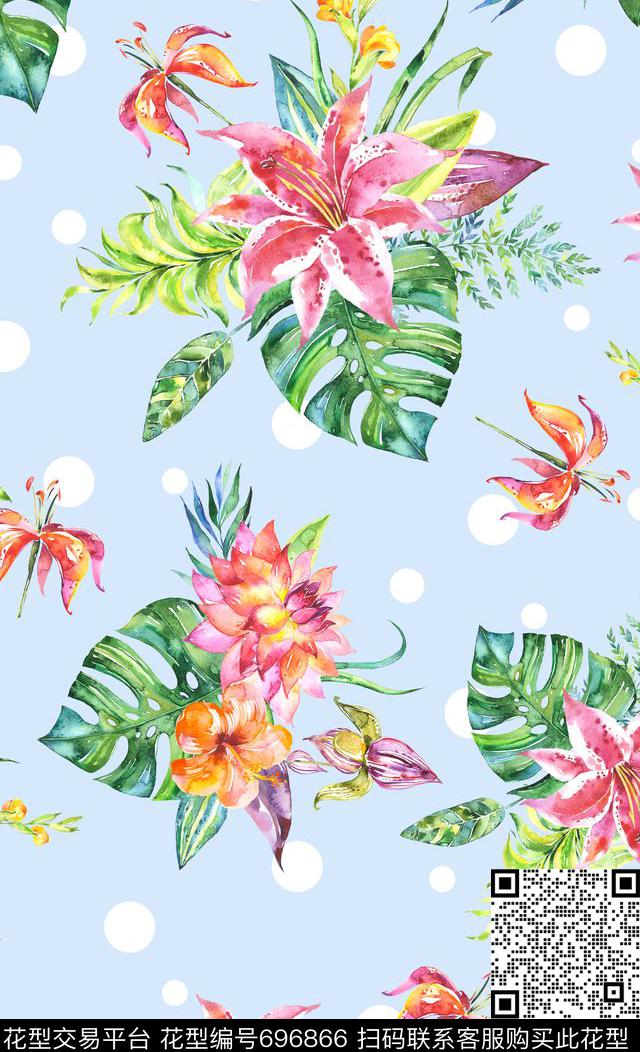 雨林密踪水彩手绘花卉黑白波点花卉数码印花华亿平台下载（图片编号: 696866） - 瓦栏（Walan）