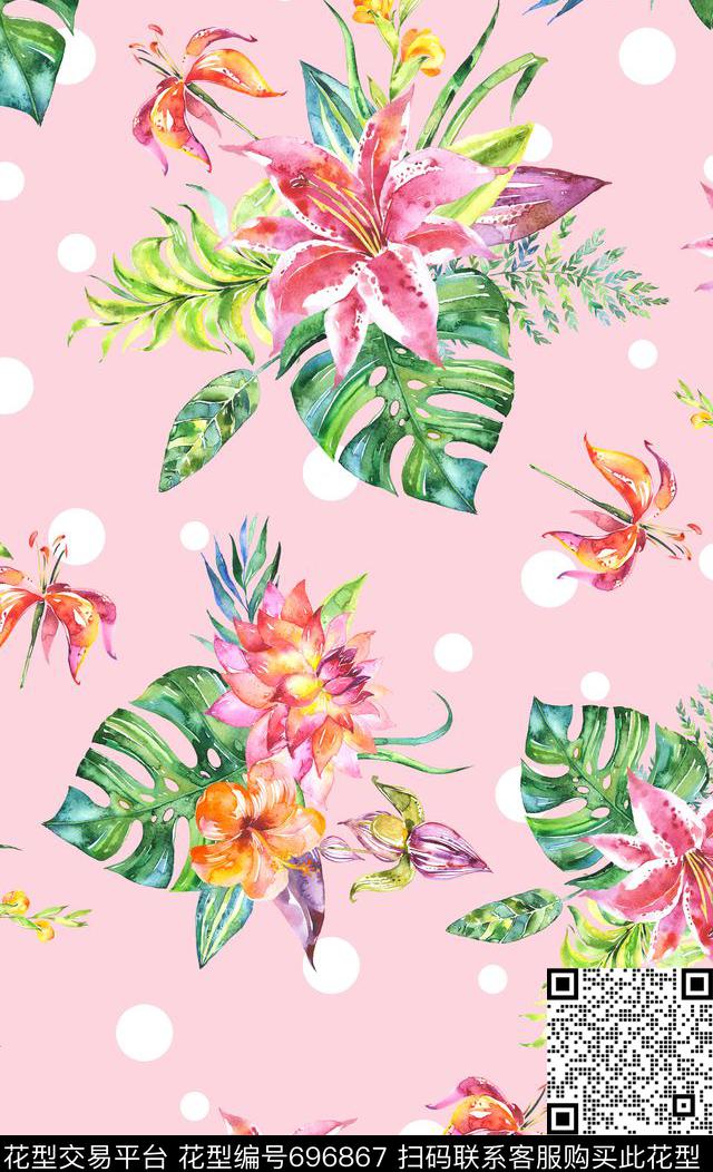 雨林密踪水彩手绘花卉黑白波点花卉数码印花华亿平台下载（图片编号: 696867） - 瓦栏（Walan）