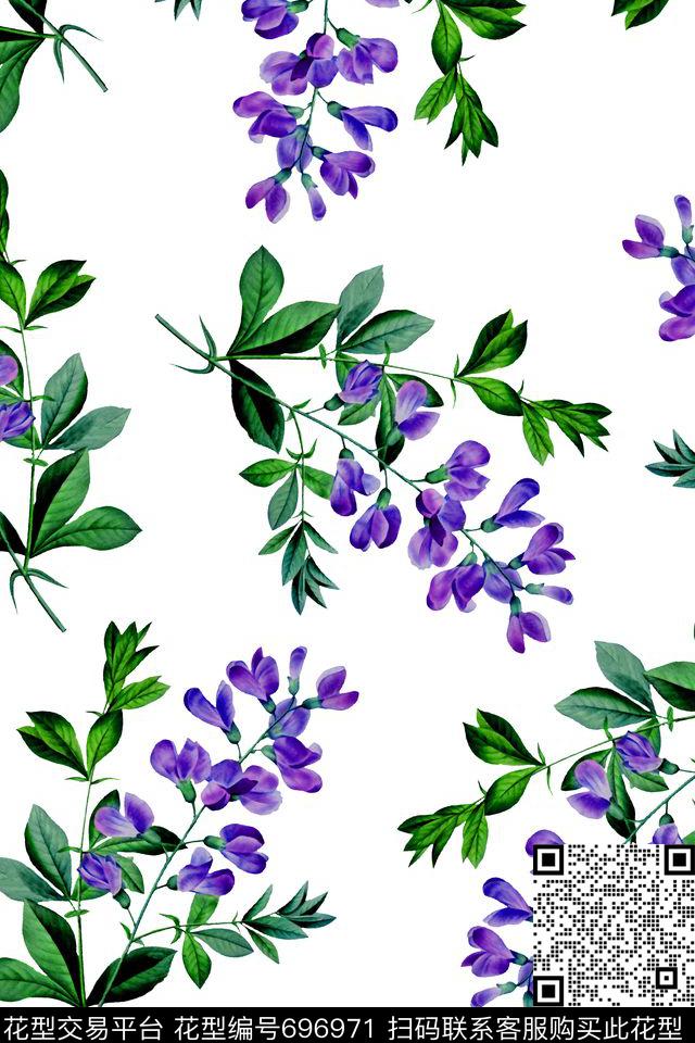 小碎花叶子植物数码印花华亿平台下载（图片编号: 696971） - 瓦栏（Walan）