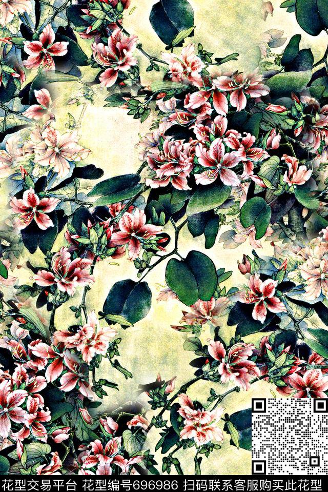 手绘中国风风水墨画数码印花民族风山水画花卉女装旗袍裙子印花数码印花华亿平台下载（图片编号: 696986） - 瓦栏（Walan）