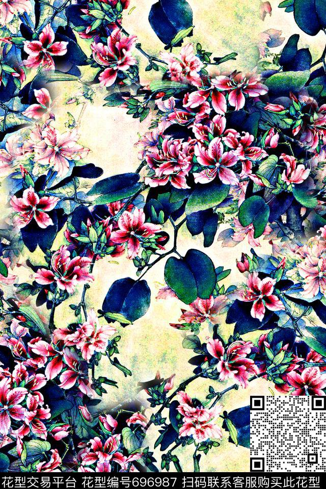 手绘中国风风水墨画数码印花民族风山水画花卉女装旗袍裙子印花数码印花华亿平台下载（图片编号: 696987） - 瓦栏（Walan）