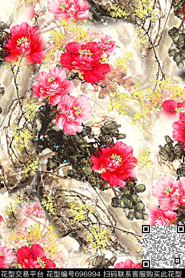 手绘中国风风水墨画数码印花民族风山水画花卉女装旗袍裙子印花数码印花华亿平台下载（图片编号: 696994） - 瓦栏（Walan）