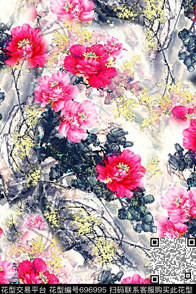 手绘中国风风水墨画数码印花民族风山水画花卉女装旗袍裙子印花数码印花华亿平台下载（图片编号: 696995） - 瓦栏（Walan）