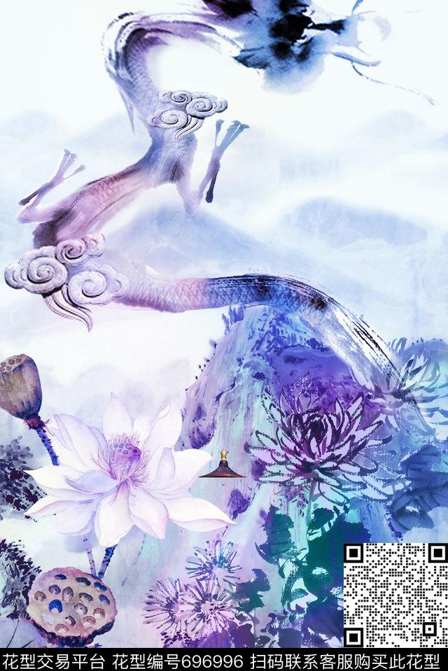 荷花中国山水中国龙数码印花华亿平台下载（图片编号: 696996） - 瓦栏（Walan）