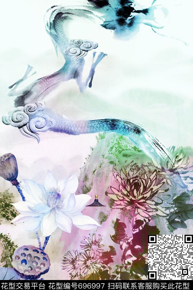 荷花中国山水中国龙数码印花华亿平台下载（图片编号: 696997） - 瓦栏（Walan）