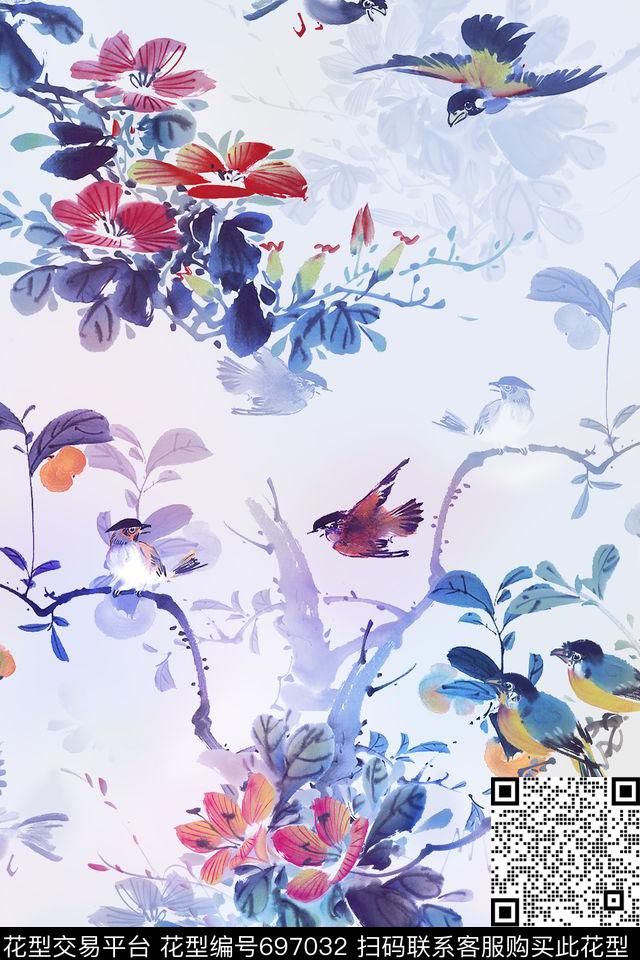 中国风花鸟树枝鸟数码印花华亿平台下载（图片编号: 697032） - 瓦栏（Walan）