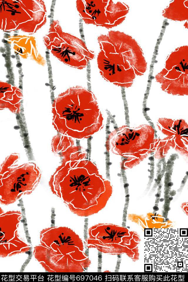 花朵花卉红花罂粟花数码印花华亿平台下载（图片编号: 697046） - 瓦栏（Walan）