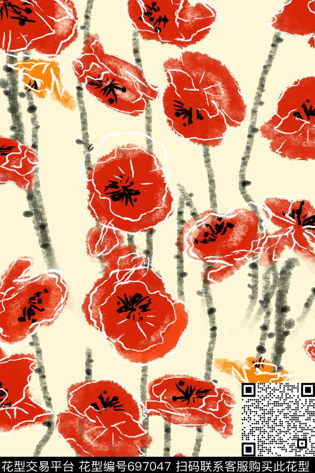 花朵花卉红花罂粟花数码印花华亿平台下载（图片编号: 697047） - 瓦栏（Walan）