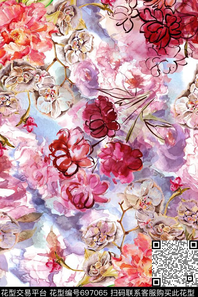 手绘花卉泼墨数码印花华亿平台下载（图片编号: 697065） - 瓦栏（Walan）