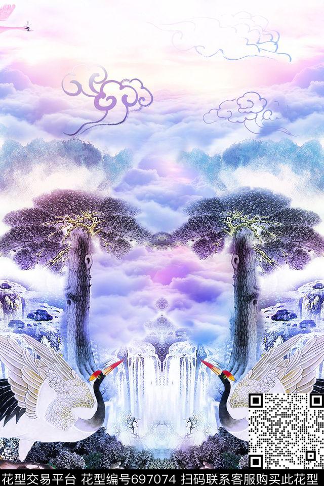 中国风仙鹤祥云数码印花华亿平台下载（图片编号: 697074） - 瓦栏（Walan）