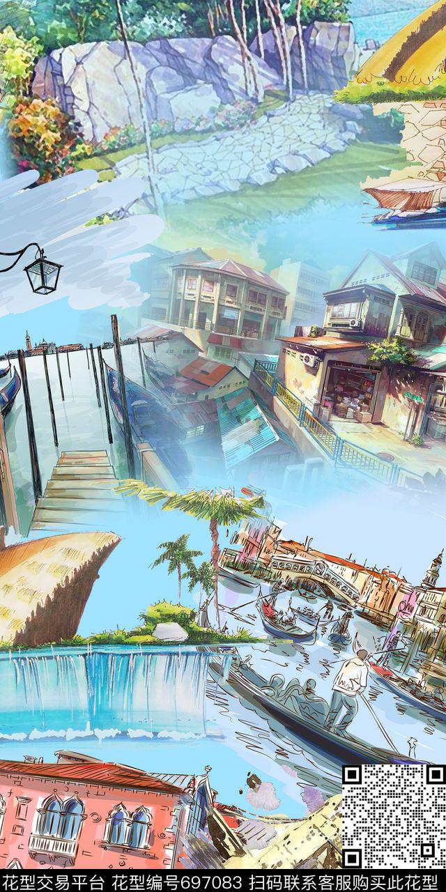 钢笔画水彩风景数码印花华亿平台下载（图片编号: 697083） - 瓦栏（Walan）