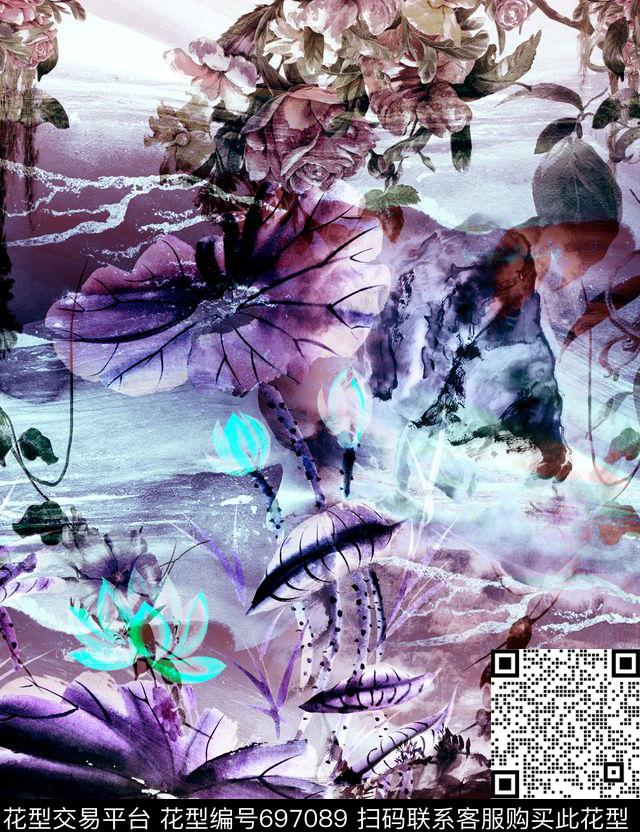 手绘花卉紫色数码印花华亿平台下载（图片编号: 697089） - 瓦栏（Walan）