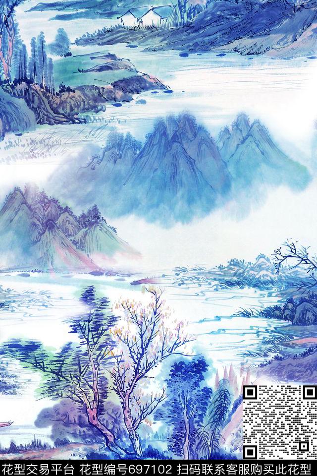 中国风山水蓝绿国画数码印花华亿平台下载（图片编号: 697102） - 瓦栏（Walan）