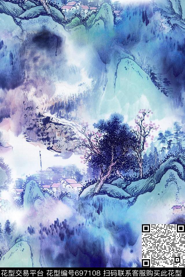 中国画山水蓝绿国画数码印花华亿平台下载（图片编号: 697108） - 瓦栏（Walan）