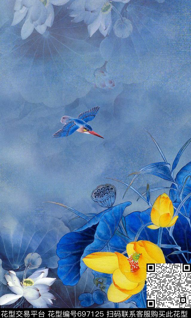 水墨荷花中国风定位花花卉数码印花华亿平台下载（图片编号: 697125） - 瓦栏（Walan）
